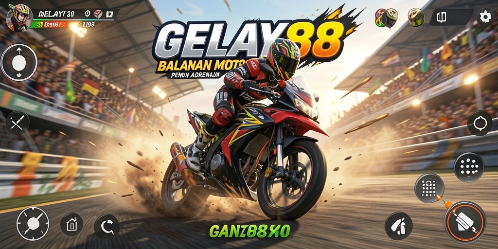 Screenshot utama dari gameplay <strong>GELAY88</strong> menampilkan balapan motor yang mendebarkan.