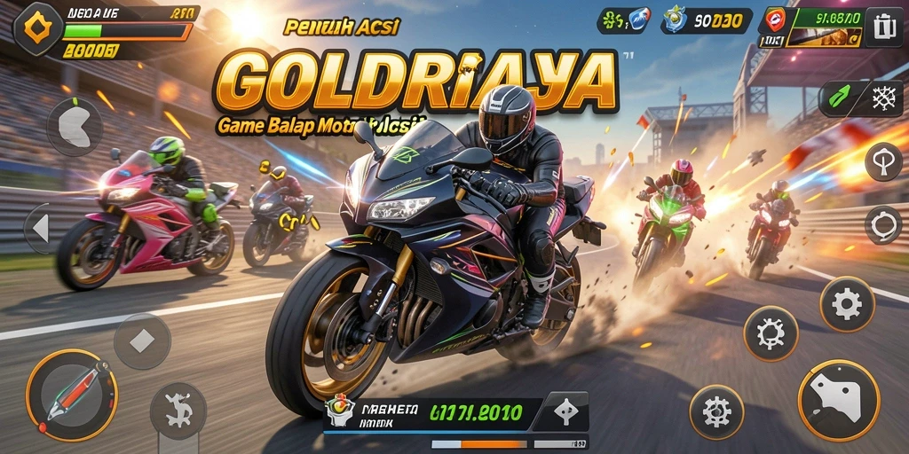 Screenshot gameplay GOLDRAJA menampilkan balapan motor yang seru dan menegangkan.