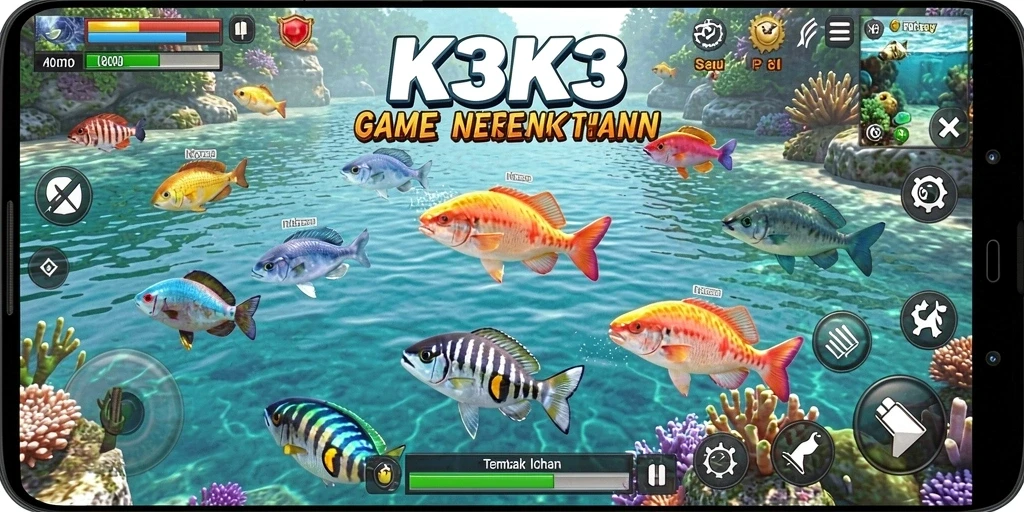 Tampilan gameplay K3K3 dengan aksi tembak ikan yang seru.