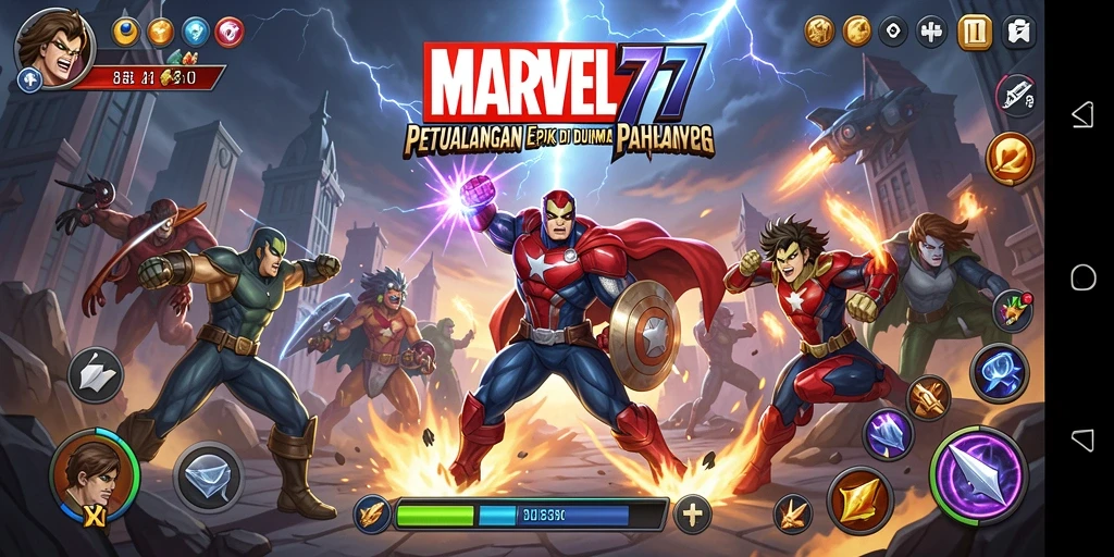 Screenshot gameplay MARVEL77 menunjukkan aksi pahlawan dalam menghadapi musuh.